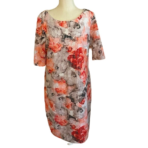 SANDRA Darren sheath Dress Sz 16 mesh floral print short Sleeve white peach gray - Picture 2 of 12